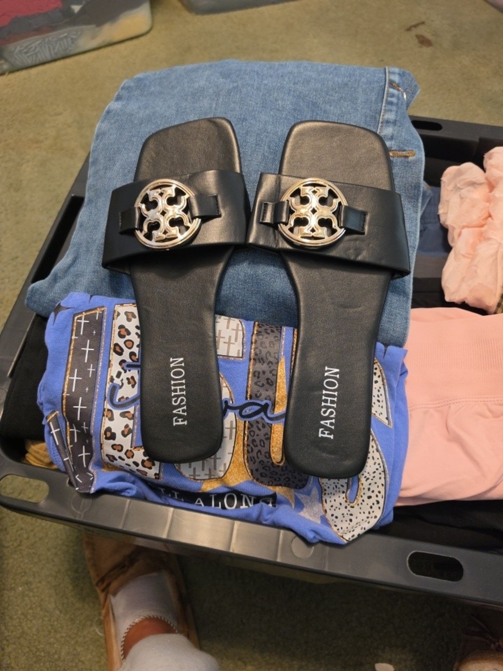 Black Slide Sandals with Silver Emblem
